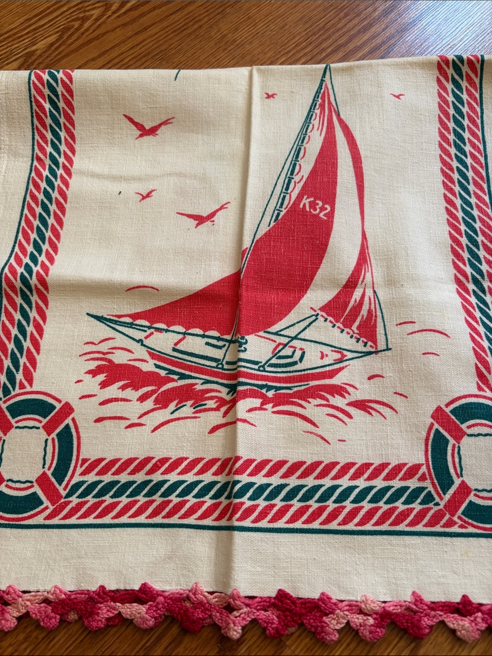 Vintage-Inspired Nautical Cotton Kitchen Towel - Red handmade edge